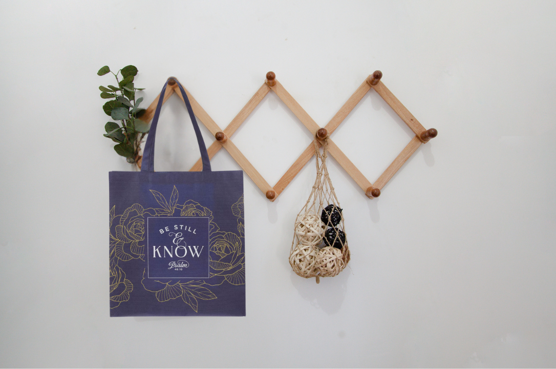 Be Still Navy Floral Shopping Tote Bag