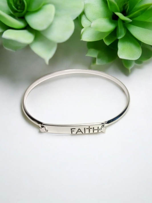 Crystal Avenue Worn Silvertone 'Faith' Bar Bangle